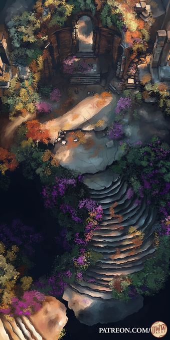 The Forgotten Ruins Battle Map by Domille's Wondrous Works. It features a stone ruin overgrown with colorful vegetation.