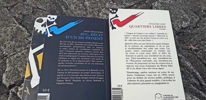 4èmes de couvertures des livres :
"Quartiers libres" -vol 1 /Guillaume Canet & "AVC récit d'un im-patient".
Éditions Libertalia.  Couvertures de Bruno Bartkowiak.