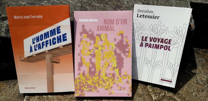 Couvertures de trois livres :
"Le voyage à Paimpol"/ Dorothée Letessier. L'imaginaire Gallimard. 
"Nom d'un animal" / Antoine Mouton. Éditions La Contre Allée. 
"L'homme à l'affiche" / María José Ferrada. Quidam éditeur.