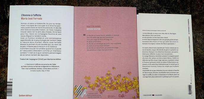 4èmes de couvertures des livres :
"Le voyage à Paimpol" / Dorothée Letessier. L'imaginaire Gallimard. 
"Nom d'un animal" / Antoine Mouton. Éditions La Contre Allée. 
"L'homme à l'affiche" / María José Ferrada. Traduction de l'espagnol (Chili)/ Marianne Millon. Quidam éditeur.