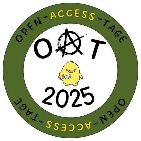 Runder Sticker, Basisfarbe weiß mit grünen dicken Rand, im Rand steht 2 Mal "Open-Access-Tage", in der Mitte kst ein Comic-Küken, das ein Messer hält, darunter steht 2025 und darüber steht OAT wobei das A das Symbol für Anarchie ist