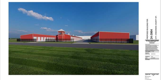 Architectural rendering of a self-use storage unit. The buildings are one story tall, but the one in the middle has a stubby "tower" on one side of the building.