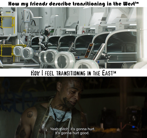 Two screenshots from Elysium (2013) that showcase the subjective feel of transitioning in the broadly defined West (i.e. countries west of the Oder) and the East (i.e. countries east of the Oder, eg. Poland). West is clean, sterile, ordered, almost automatic and fully convenient. 

East is a dingy fucking basement with the head surgeon being a burly tattooed goon saying "Yeah, bitch, it's gonna hurt. It's gonna hurt good."