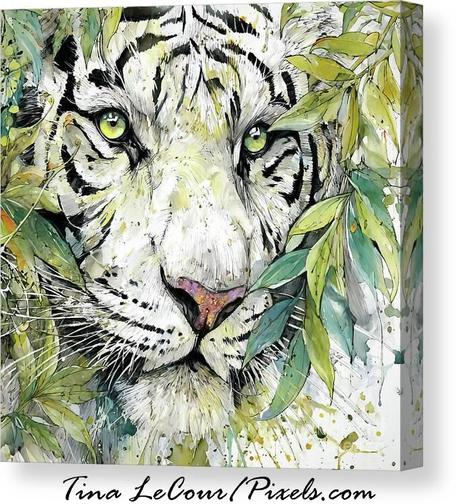 This is a portrait of a white tiger surrounded by jungle leaves in a watercolor style.