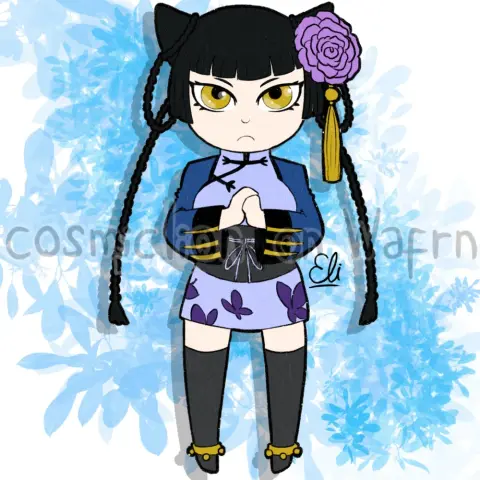 Digital flat color illustration of Ran Mao from Black Butler, drawn in chibi style. She is facing the viewer and cracking her knuckles. The background is white with a floral pattern in light blue tones.