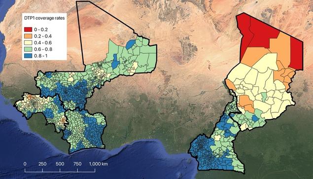 A regional map of West and Central Africa showing estimated diphtheria, tetanus, and pertussis (DTP) vaccine coverage rates in Cameroon, Chad, Côte d'Ivoire, Guinea, and Mali.