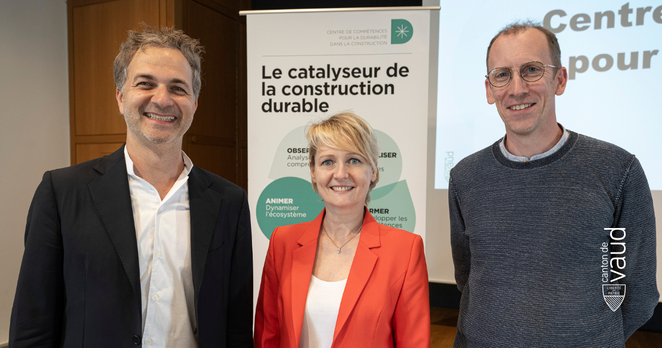 Alberto Verde, Président de ConstructionVaud, Isabelle Moret, Conseillère d’Etat,  Corentin Fivet, Professeur associé en architecture et conception structurelle à l’EPFL
