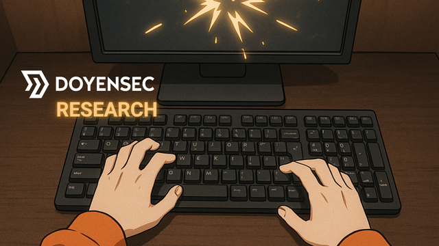 Hands typing on a keyboard, with spark coming from the monitor. The Doyensec Research logo is on top.