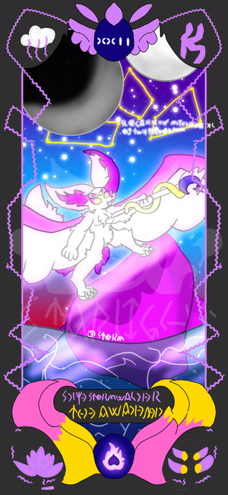 A glowing four eyed winged purple fox with a staff pointed in the distance as 2 full moons loom over her, a golden constellation made of 3 eyes is also visible in the night sky. She is standinig on a rock in the sea.