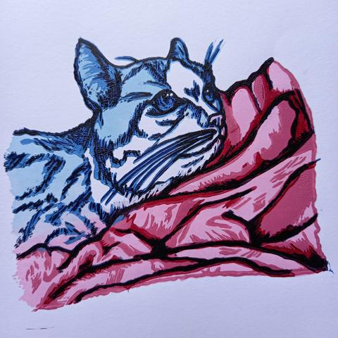 Estampe d'une tête de chat bleu sur une couverture aux tons roses