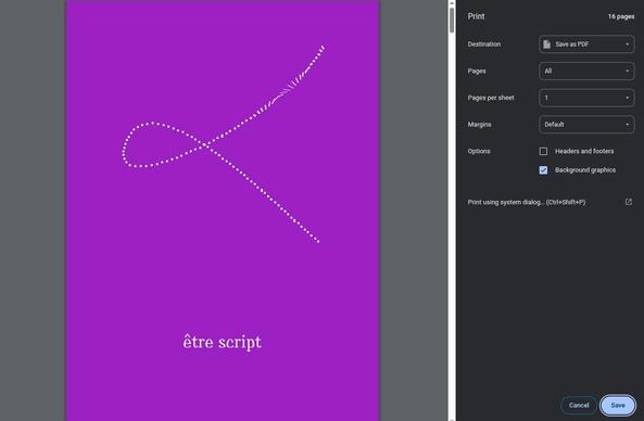 A browser preview of a booklet cover getting printed with CSS print. The cover shows a generative figure and the title “être script”, white on purple.The title is set with Herbiflora font.