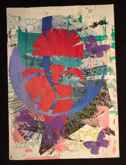 A screen printed collage with a red carnation flower in the center. plus purple butterflies, bubbles and dirrently colorfull shapes in the background.
