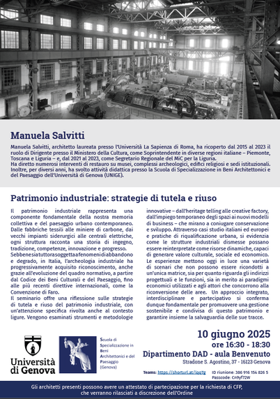 Locandina del seminario "Patrimonio industriale strategie di tutela e riuso" in programma oggi all'Università di Genova, Dipartimento di Architettura e Design. Nella parte alta della locandina la foto in bianco e nero dell'interno di un grosso impianto industriale con ampie finestre rettangolari da cui entra molta luce