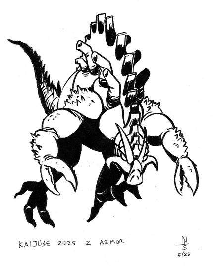 ink drawing of a monster, walking on two legs, with a high hunched over back, crab-like claws and shell, horns and tusks, a gear-shaped crest running down it's back with Giger-style organic funnels along the sides