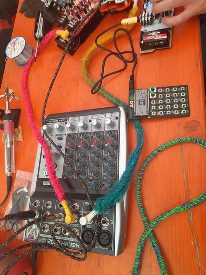 a mixer with multiple cables that are knit-wrapped