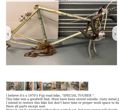 Original photo of "free bicycle" 

shows rusty chain, falling apart, no wheels, in parts against a storage unit
