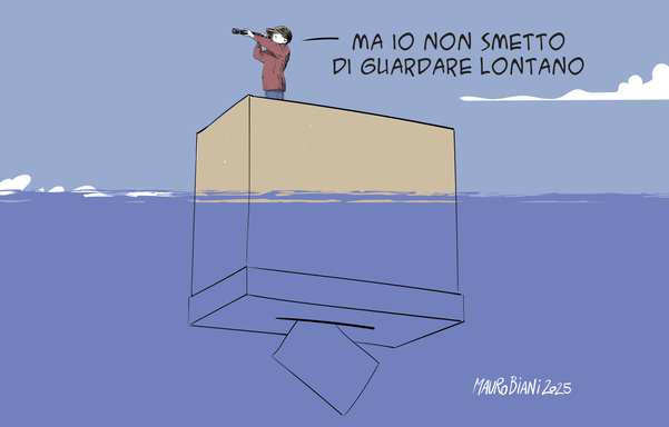 ragazzo con cannocchiale in mare dentro un urna elettorale:
"ma io  non smetto di guardare lontano"