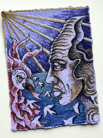 farbenfrohe Zeichnung mit Filzstift und Fineliner auf lila Papier; DINA6; rechts ein stilisiertes menschliches Gesicht im Profil; der Kopf geht dreieckig nach oben, fast wie eine Zipfelmütze (OHNE ZIPFEL!!) und scheint innen leer zu sein; dem Gesicht gegenüber ein fantastischen Vogel mit leuchtendem Gefieder, einer Schlangenzuge; beide schauen sich an; der Vogel schaut vorwurfsvoll; der Hintergrund ist mit Lichtstrahlen und stilisierten Wellen gestaltet; etwas fliegt über das Wasser;