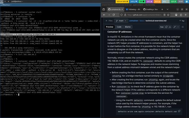 out put from the new apple container program to make containers, comparison to how to change apple.defaults vs just setting the bridge to be what the container wants, the apple.defaults didn't seem to work for me, but you get the gist.