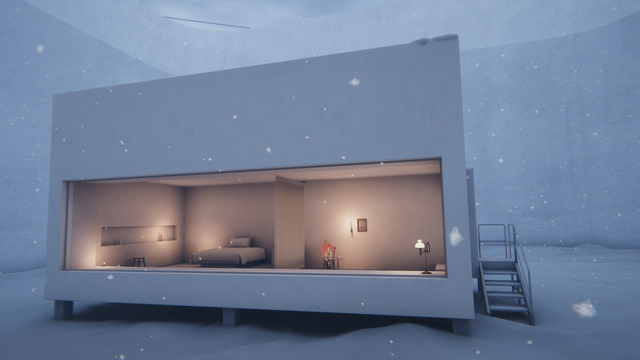A view of a large box in the snow with a big window that lets you see inside a bare-bones apartment. Inside is an avatar sitting on a chair looking at a slice of cake near a candle.