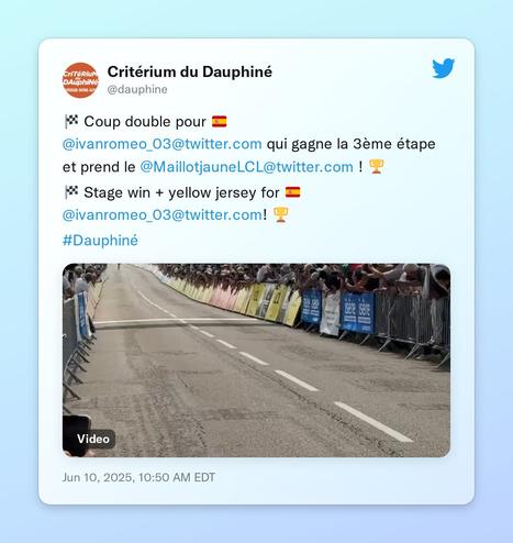 🏁 Coup double pour 🇪🇸@ivanromeo_03 qui gagne la 3ème étape et prend le @MaillotJauneLCL ! 🏆

🏁 Stage win + yellow jersey for 🇪🇸@ivanromeo_03! 🏆

#Dauphiné https://t.co/8EgfNNhd7h