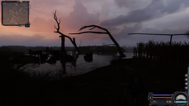 Screenshot aus Stalker: Clear Sky mit Blick auf eine sehr dunkle Sumpflandschaft. Im Dunklen sind Silhouetten von Schilf ind toten Bäumen zu erkennen, der Himmel ist leicht rötlich eingefärbt.