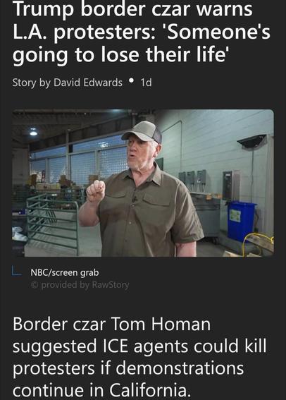 MSNBC news grab: "Trump border czar warns LA protesters 'someone's going to lose their life'. Border czar Tom Holman suggested ICE agents could kill protesters if demonstrations continue in California."
