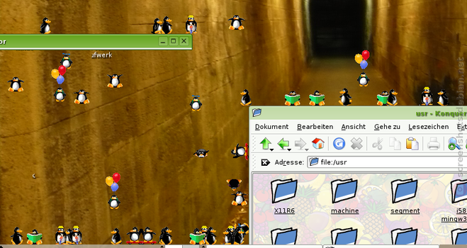 Dozens of Penguins on a X11 Linux Desktop. Package is xpenguins