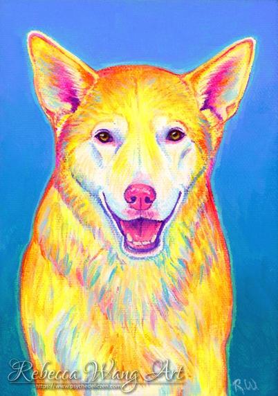 A colorful portrait of a yellow dog on dark blue