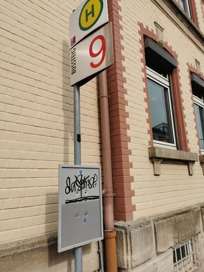 Ein Bushaltestellenschild mit Brett für den Fahrplan. Leider hängt kein Fahrplan aus.