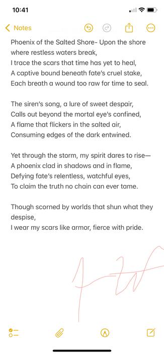 Description: A dramatic sonnet set on a stormy shoreline, exploring themes of pain, defiance, and inner transformation. It uses vivid ocean imagery and the myth of the phoenix to depict rising from suffering with fierce pride.
Why I wrote it: This poem is about resilience—how the wounds we carry can become part of our strength. I’ve lived through storms that left marks, and writing this was a way to honor the part of me that kept rising anyway.

Poem Text:
Phoenix of the Salted Shore
Upon the shore where restless waters break,
I trace the scars that time has yet to heal,
A captive bound beneath fate’s cruel stake,
Each breath a wound too raw for time to seal.

The siren’s song, a lure of sweet despair,
Calls out beyond the mortal eye’s confined,
A flame that flickers in the salted air,
Consuming edges of the dark entwined.

Yet through the storm, my spirit dares to rise—
A phoenix clad in shadows and in flame,
Defying fate’s relentless, watchful eyes,
To claim the truth no chain can ever tame.

Though scorned by worlds that shun what they despise,
I wear my scars like armor, fierce with pride.