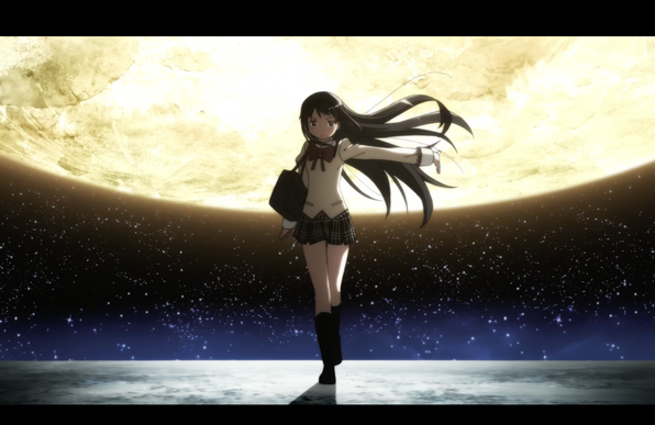 Homura Akemi flips her hair as she makes a critical change of course. Behind her is a starry night sky and a large, yellow-white lit moon dominating the upper half of the frame.