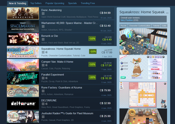 Screenshot of news and trending tab on Steam. Squeakross is 4th on the list with 233 reviews.