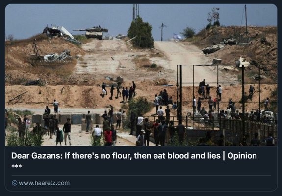 Foto: Abdel Kareem Hana/AP

L'immagine mostra un gruppo di persone in un'area devastata di Gaza, con diversi veicoli distrutti e detriti sparsi a maggio, in un centro di distribuzione di aiuti della Gaza Humanitarian Foundation nel sud della Striscia.
La foto include una didascalia che recita: "Cari abitanti di Gaza: se non c'è farina, allora mangiate sangue e menzogne | Opinione", con un link a Haaretz.