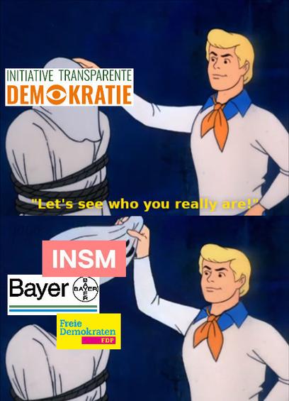 Meme mit Comic-Figur aus Scooby Doo: Mann greift den Schleier einer gefesselten Person mit Aufschrift "Initiative transparente Demokratie", dazu der Schriftzug: "Let's see who you really are!" Mann hebt den Schleier, es erscheinen die Logos von Bayer, der INSM und der FDP.