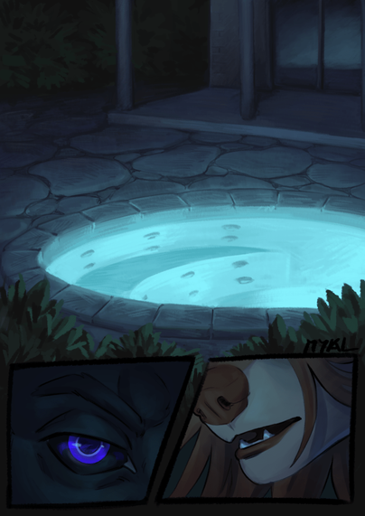 First panel of the comic is a view of the back yard from the POV of the characters - it's night, there's a large glowing hot tub. Around it is cut stone tiling, bushes, and a bit of a house is visible. Other two panels show extreme closeups of two characters, yet unrevealed who they are.