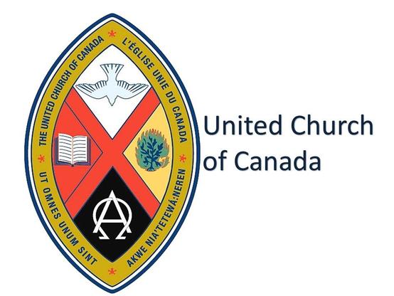 The image features the logo of the United Church of Canada. The logo is an oval shield with a blue border and a yellow background. Inside the shield, there is a white dove at the top, symbolizing peace. Below the dove, a red cross divides the shield into four sections. The upper left section contains an open book, the upper right section has a green tree with flames, the lower left section is black with a white "Alpha" (Α) symbol, and the lower right section is yellow. Surrounding the shield, the text "UNITED CHURCH OF CANADA" is written in English on the right and "L'ÉGLISE UNIE DU CANADA" in French at the top. Additional text in Latin ("UT OMNES UNUM SINT") and other languages ("AKWE NIA'TETEWÁ:NEREN") is inscribed along the border, reflecting the church's inclusive and multilingual nature.