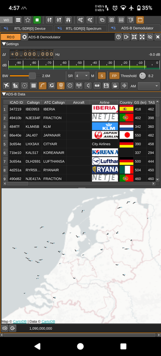 Picture of the sdrangel android app showing a list of identified airplanes as well as there location on a map. The furthest being well into the northern sea and all the way on the edge of Groningen.