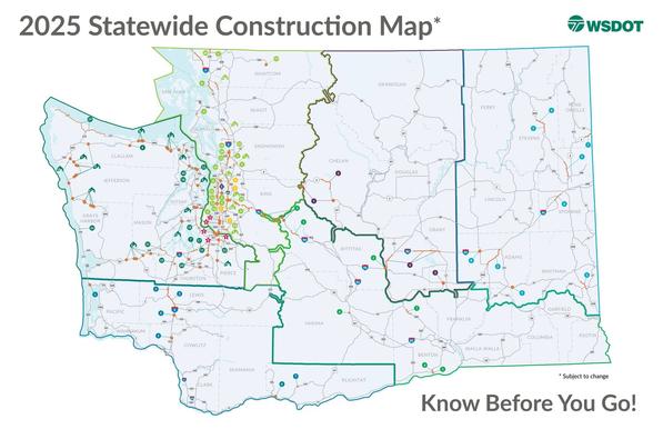 2025 Statewide Construction Map by WSDOT, displaying various construction projects across the state with colored markers indicating different types of activities.