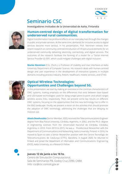 Invitación al seminario. Fondo blanco y letras negras y celestes. El logo del CONICET arriba a la derecha. Además de los nombres de las charlas y sus descripciones, tiene foto de los investigadores que las dan en cuestión y breves descripciones de sus trayectorias académicas. Abajo de todo está la información de fecha, hora, lugar y dirección de email de contacto del evento. Abajo a la derecha la dirección de la página web del CSC del CONICET.