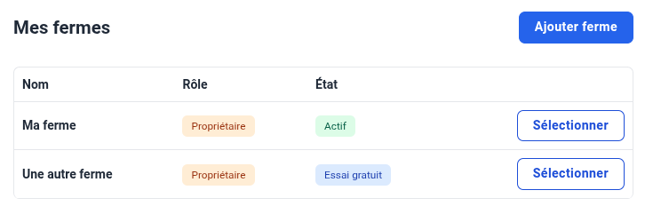 Capture d'écran de la listes des fermes dans Brinjel