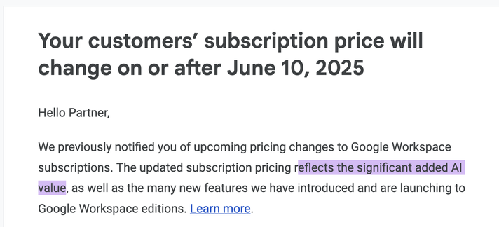 google workspace price increase to fund shitty AI that I never asked for, don't want and find morally repugnant