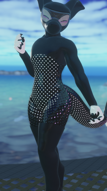 A screenshot from VRChat. A ManoKit is standing in front of the ocean. It's wearing a latex fishnet bodysuit with neoprene stockings, sleeve top and hood.