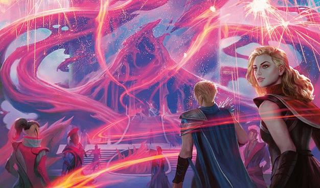Two young wizards walk into an academy underneath a screen of brilliant fireworks.

Explosive Welcome, by Mathias Kollros © Wizards of the Coast LLC