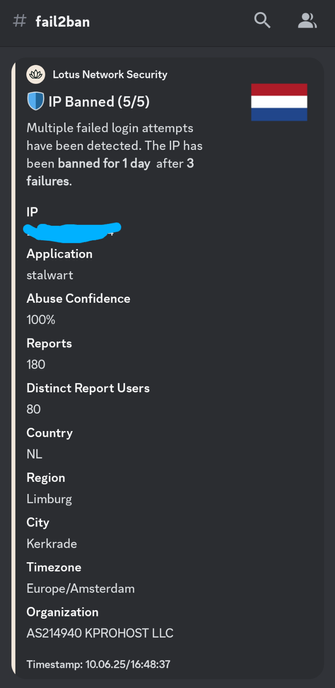 A screenshot of an IP ban notification to a discord webhook showing detailed informations about the geolocation and reports of the IP.