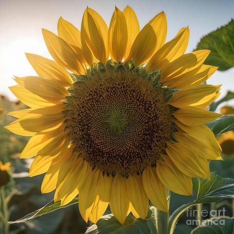 A bright sunflower in full bloom stands tall against the backdrop of a clear sky, with sunlight highlighting the vibrant yellow petals and intricate pattern of the central disk. Surrounding greenery adds to the summer feel, creating a vivid and lively scene.