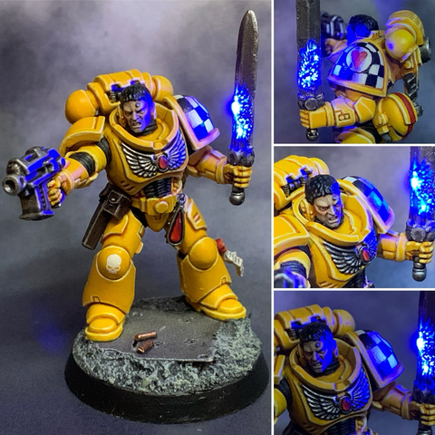 Space Marine miniature with LED power sword.