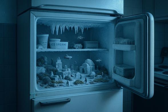 Inside an open fridge, tiny persons live