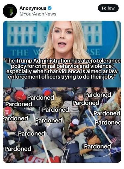 A tweet from Anonymous (
@YourAnonNews
) reads: "The Trump Administration has a zero tolerance policy for criminal behavior and violence, especially when that violence is aimed at law enforcement officers trying to do their jobs." The tweet includes an image split into two parts. The top part shows a person speaking at a podium with a "THE WHITE HOUSE" backdrop. The bottom part depicts a chaotic scene with multiple individuals, overlaid with the word "Pardoned" repeatedly stamped across them, suggesting they were granted pardons.