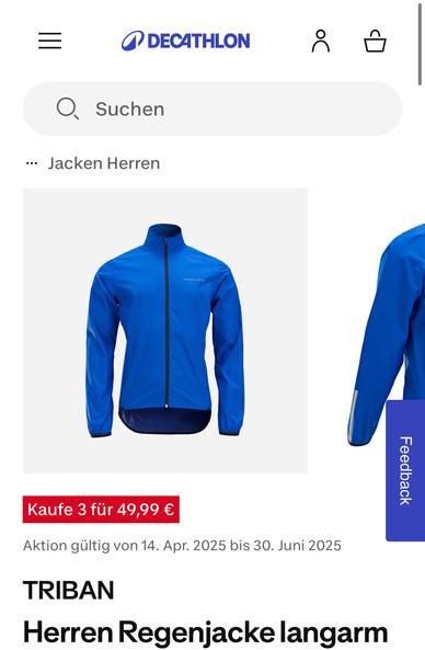 Screenshot Decathlon Webseite. Blaue Regenjacke mit Aktion Kaufe 3 für 49,99€ Marke TRIBAN, Modell Regenjacke Herren langarm